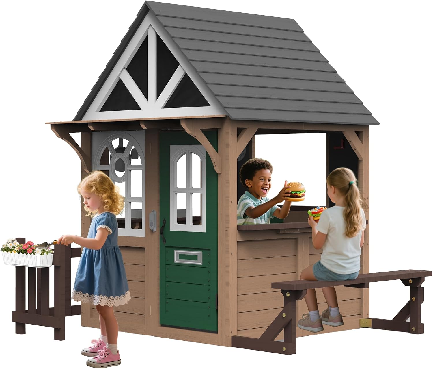 Kids Outdoor Wooden Playhouse - บ้านเด็กเล่นกลางแจ้ง Seizeen สำหรับเด็ก, บ้านเด็กเล่นไม้เฟอร์สำหรับใช้งานกลางแจ้งและในร่ม พร้อมห้องครัวและประตูแบบดัตช์