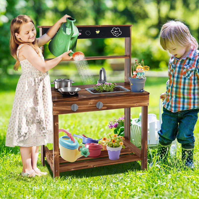 Kids Outdoor Sink - ครัวโคลนกลางแจ้งสำหรับเด็กพร้อมก๊อกน้ำหมุนได้และอ่างล้างจานแบบถอดได้-สีธรรมชาติ