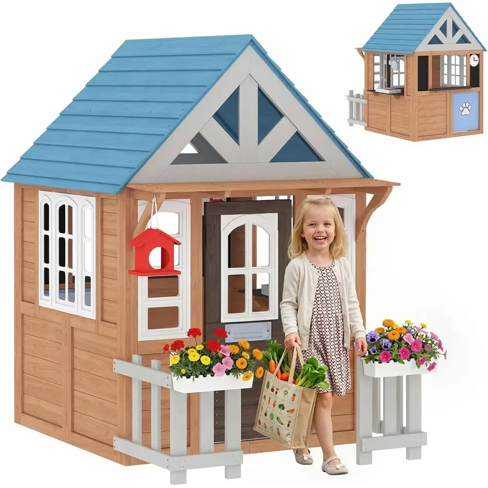 Kids Outdoor Wooden Playhouse - บ้านเด็กเล่นกลางแจ้ง Qaba พร้อมประตูสำหรับสัตว์เลี้ยง, บ้านเด็กเล่นไม้พร้อมครัวของเล่น, ตู้ไปรษณีย์, ประตู,
