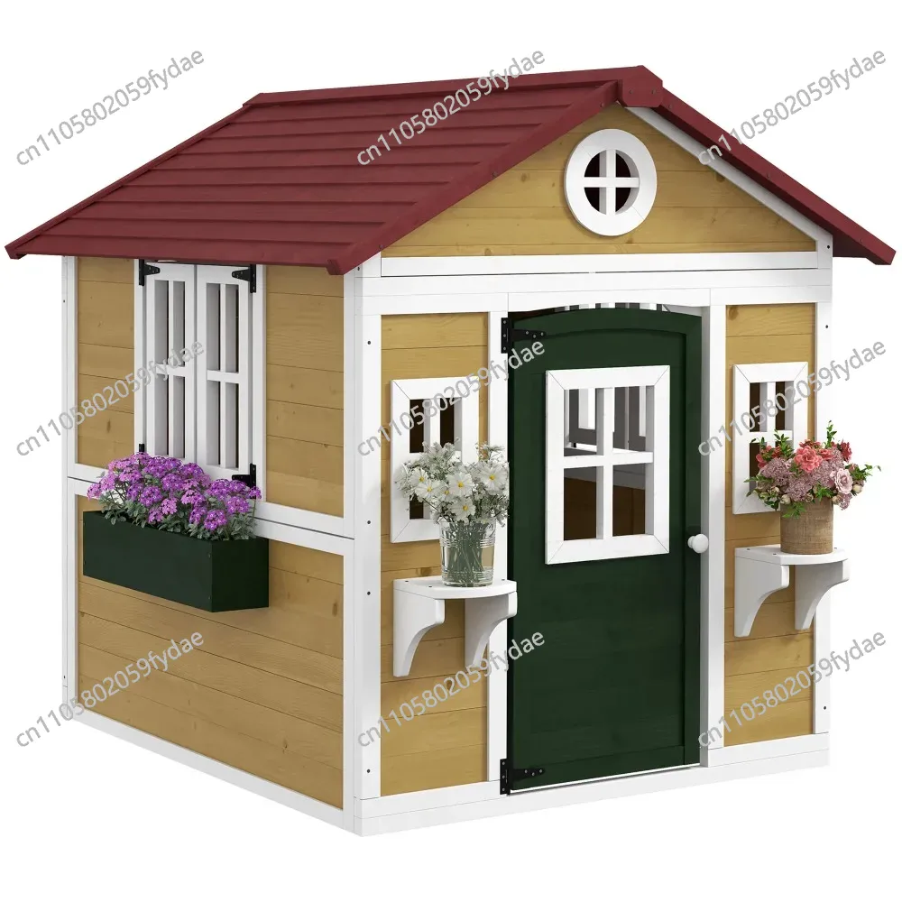 Kids Outdoor Wooden Playhouse - บ้านเด็กเล่นกลางแจ้ง, บ้านเด็กเล่นไม้พร้อมประตู, หน้าต่าง, กระถางดอกไม้และกล่อง, บ้านเล่นทรงกระท่อมสำหรับสนามหลังบ้าน