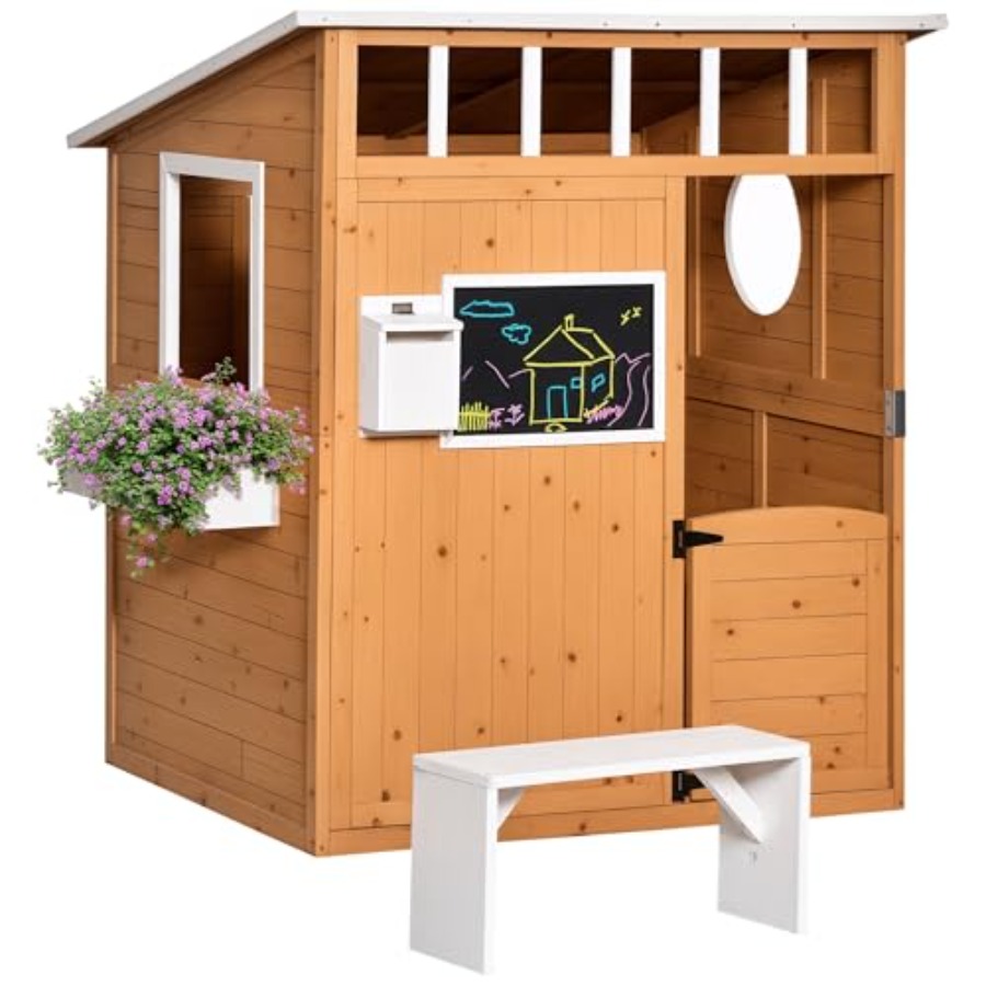 Kids Outdoor Wooden Playhouse - บ้านเด็กเล่นไม้กลางแจ้งพร้อมประตูใช้งานได้ สีเหลือง ประกอบด้วยหน้าต่าง ตู้จดหมาย ม้านั่ง และที่วางกระถางต้นไม้