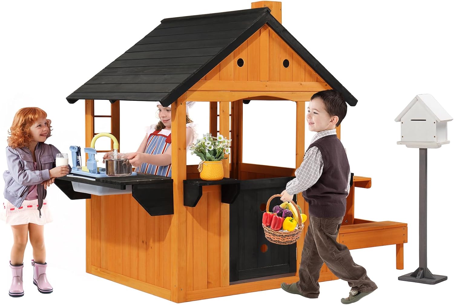 Kids Outdoor Sink - บ้านเด็กเล่นไม้สำหรับกลางแจ้ง, กระท่อมพร้อมอ่างล้างมือ, โต๊ะปิกนิก, ตู้จดหมาย, ที่วางกระถางต้นไม้, สำหรับเด็กอายุ