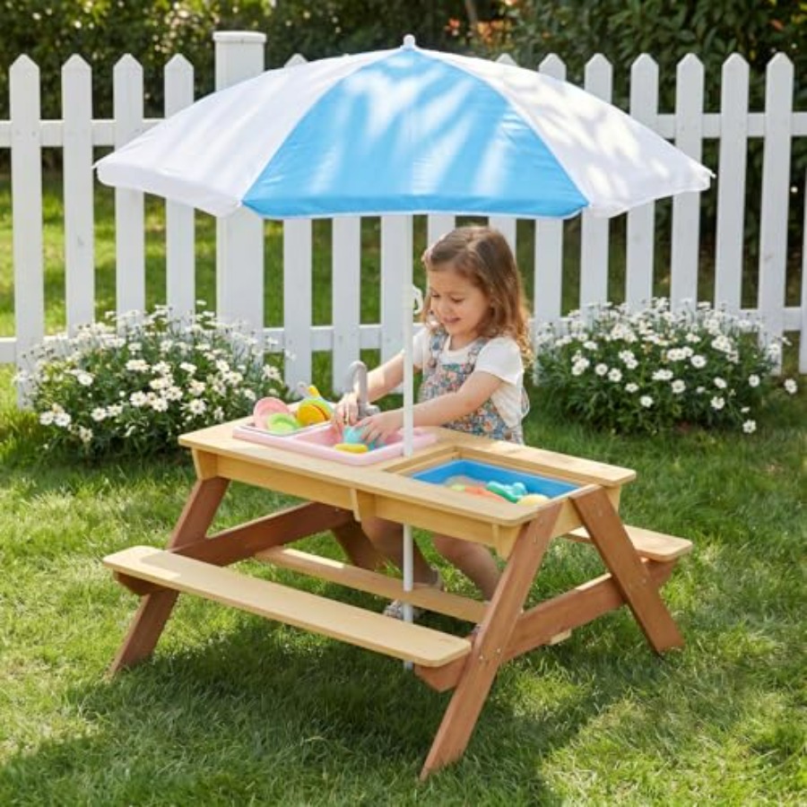 Kids Outdoor Sink - โต๊ะปิกนิกเด็กสำหรับเล่นกลางแจ้งพร้อมร่ม, โต๊ะทรายและน้ำไม้พร้อมท็อปถอดออกได้, อ่างเล่นน้ำและกล่องเก็บของพลาสติก, 4-s