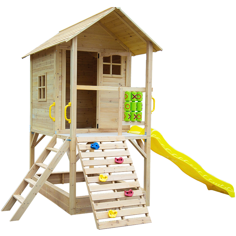 Kids Outdoor Wooden Playhouse - บ้านเด็กเล่นไม้กลางแจ้งในสวน บ้านเด็กเล่นไม้พลาสติกพร้อมสไลเดอร์ขนาดใหญ่ บ้านเด็กเล่นหรูหรา 2 ชั้น พร้อมบ่อทราย