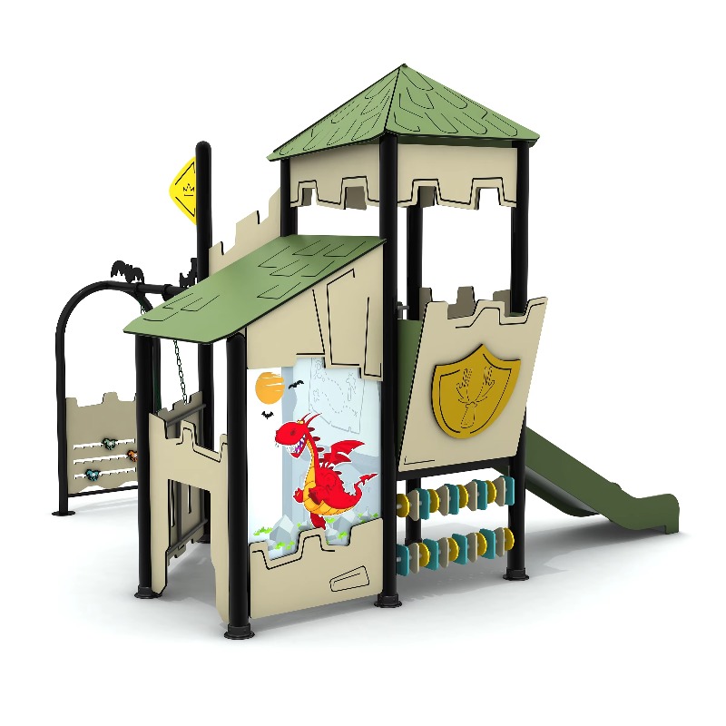 Kids Outdoor Wooden Playhouse - ชุดสนามเด็กเล่นไม้กลางแจ้ง บ้านเด็กเล่นโครงเหล็ก สำหรับใช้ในสวนเด็ก โครงสร้างสนามเด็กเล่นเชิงพาณิชย์ พร้อมสไลเดอร์และอุปกรณ์ปีนป่าย สำหรับสนามหลังบ้าน