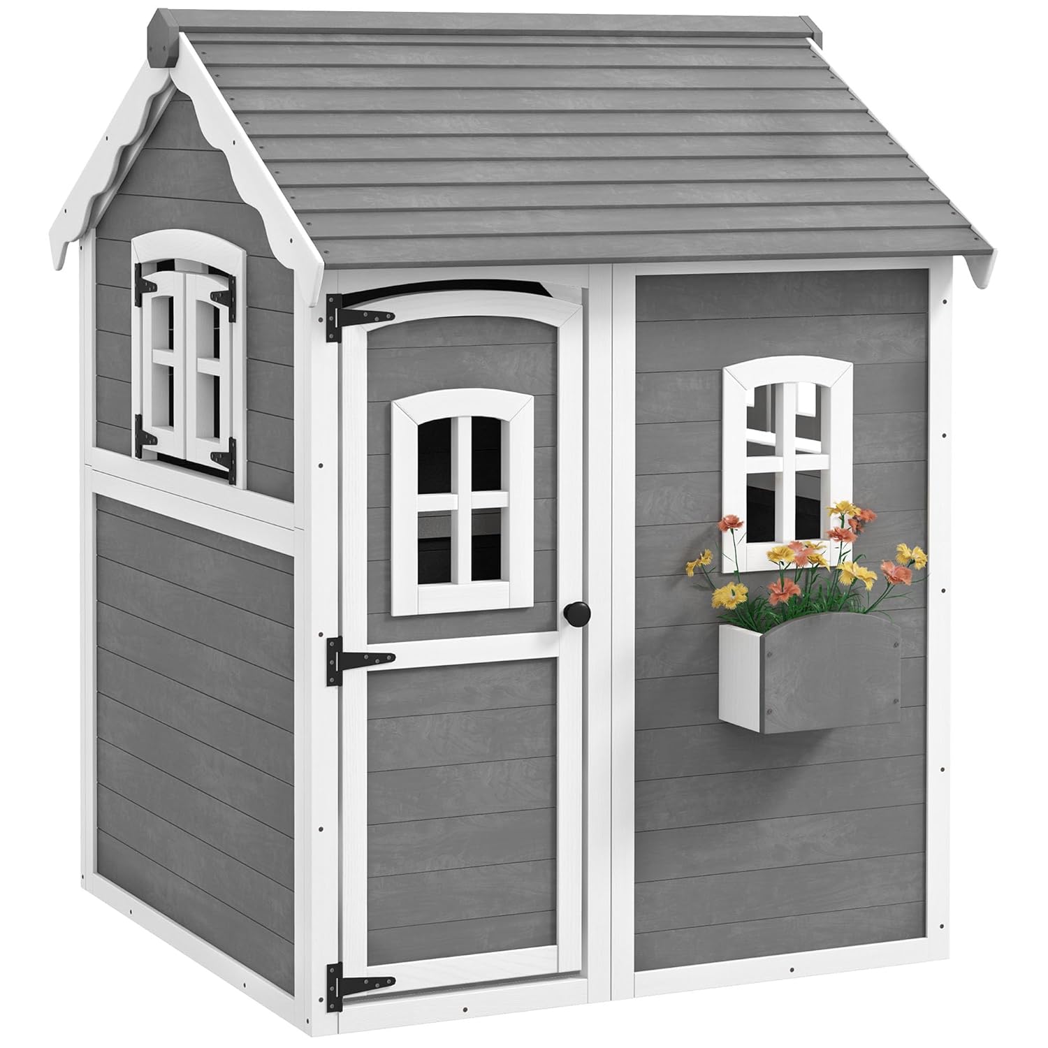 Kids Outdoor Wooden Playhouse - # บ้านไม้สำหรับเด็กเล่นกลางแจ้ง พร้อมพื้น ประตู หน้าต่าง กระถางปลูกต้นไม้