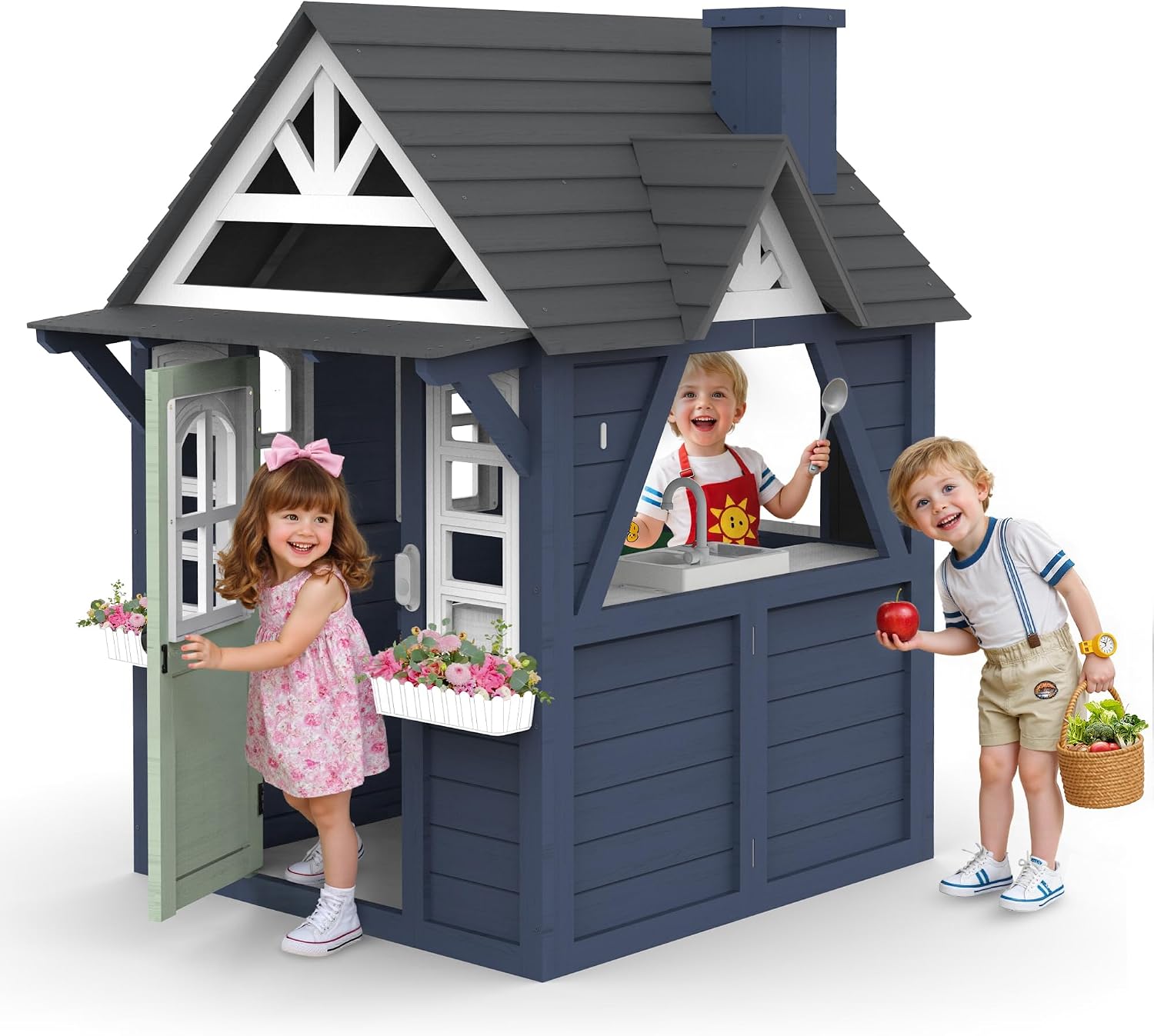 Kids Outdoor Sink - บ้านเด็กเล่นกลางแจ้ง ทำจากไม้เฟอร์ทันสมัย ใช้ได้ทั้งในร่มและกลางแจ้ง สำหรับเด็กอายุ 3-8 ปี