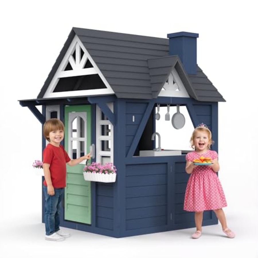 Kids Outdoor Sink - บ้านเด็กเล่นกลางแจ้ง: ทำจากไม้ สีฟ้า ขนาดใหญ่ แข็งแรง ทนทาน