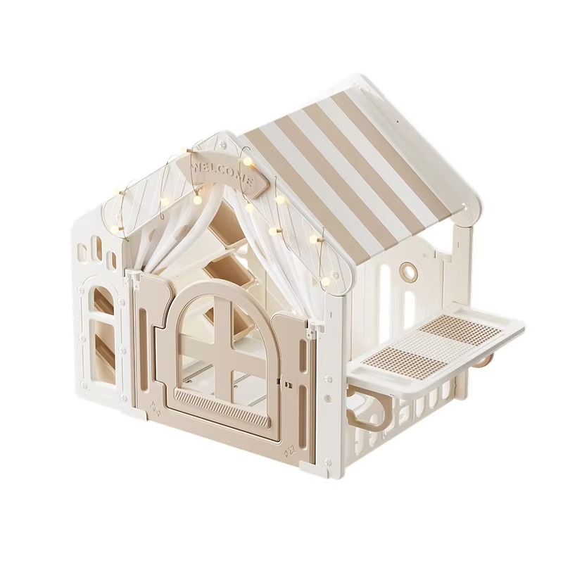 Kids Outdoor Wooden Playhouse - เต็นท์บ้านเด็กเล่นพลาสติกสำหรับเด็กวัยหัดเดิน ใช้ได้ทั้งในร่มและกลางแจ้ง รูปทรงปราสาทพร้อมฐานลับ สำหรับเล่นเกมและสร้างบ้านจำลอง