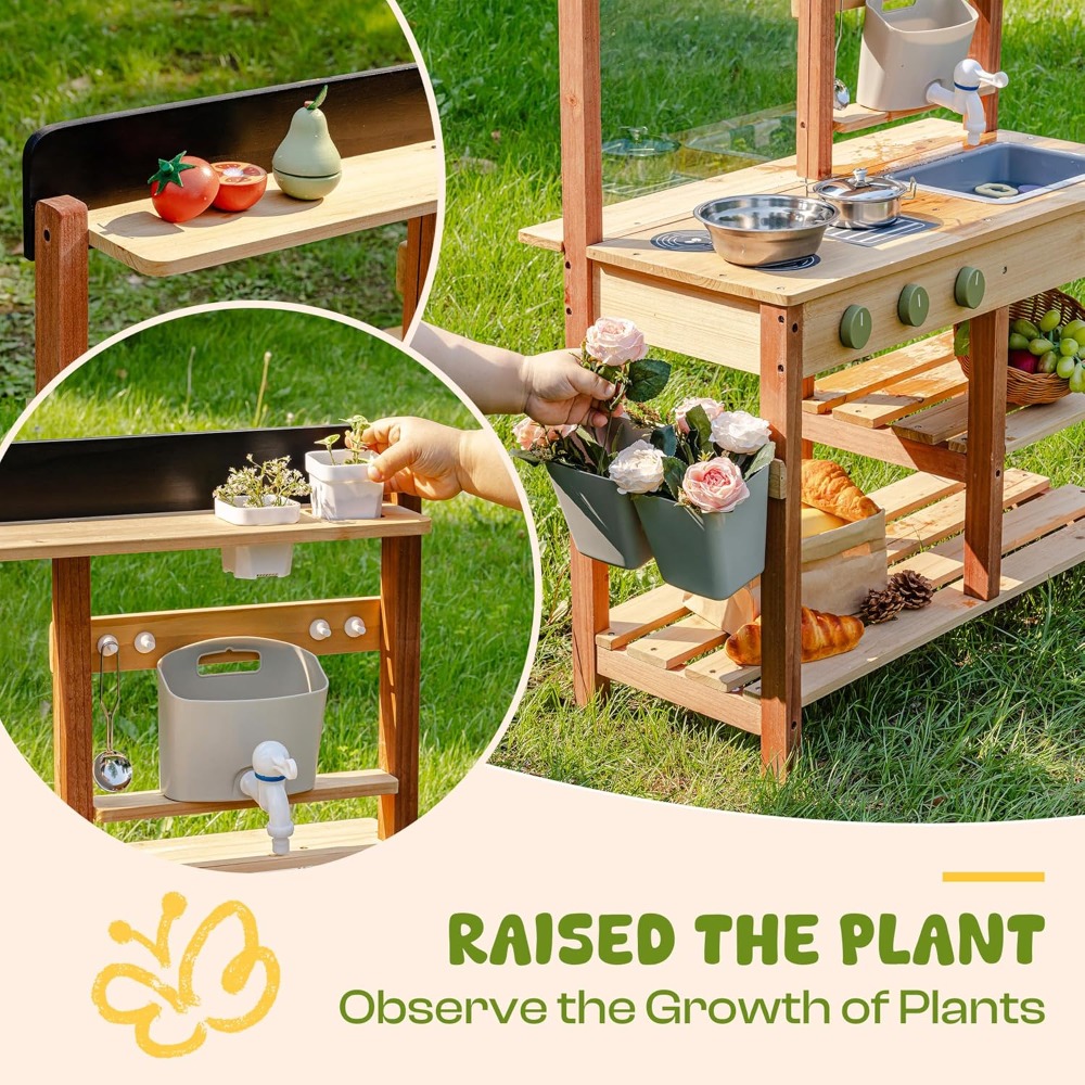 Kids Outdoor Sink - ชุดครัวไม้สำหรับเด็กเล่นกลางแจ้ง พร้อมอ่างล้างจานแบบมีน้ำไหล กระถางปลูกต้นไม้ และอุปกรณ์ทำอาหาร จัดส่งจากสหรัฐอเมริกา