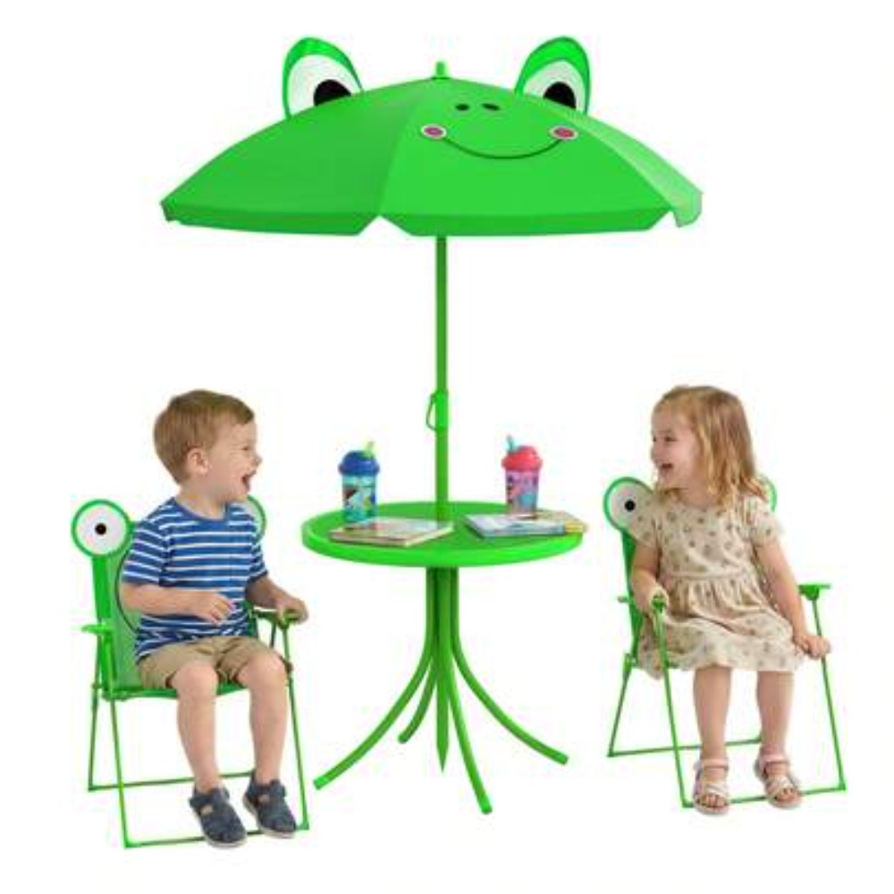 Kids Outdoor Chair And Table - ชุดโต๊ะและเก้าอี้สำหรับเด็ก โต๊ะปิกนิกพับได้สำหรับใช้งานกลางแจ้งพร้อมร่มสำหรับเด็กเล็ก ลายกบสีเขียว มาพร้อมกระเป๋าพกพา เหมาะสำหรับเด็กอายุ 2-6
