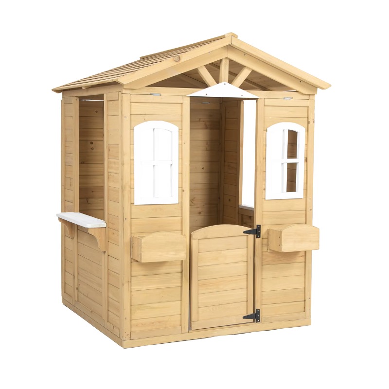 Kids Outdoor Wooden Playhouse - บ้านไม้สไตล์โมเดิร์นคลาสสิกสำหรับเด็ก เฟอร์นิเจอร์กลางแจ้งพร้อมประตู หน้าต่าง ตู้จดหมาย และที่วางกระถางดอกไม้