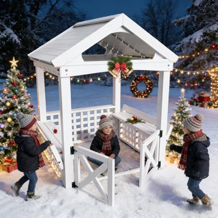 Kids Outdoor Wooden Playhouse - บ้านไม้สำหรับเด็กอายุ 2-8 ปี สำหรับใช้งานกลางแจ้ง เคลือบสีขาวกันน้ำ พร้อมม้านั่งและประตูในตัว