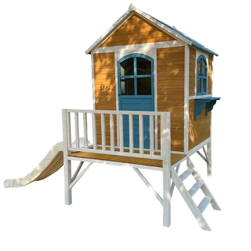 Kids Outdoor Wooden Playhouse - บ้านเด็กเล่นไม้สองชั้นทันสมัยพร้อมบันไดและสไลเดอร์ สำหรับโรงเรียน ซูเปอร์มาร์เก็ต สวนสาธารณะ และสนามหลังบ้าน