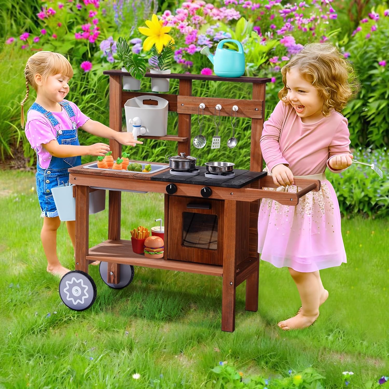 Kids Outdoor Sink - ชุดครัวโคลนกลางแจ้งสำหรับเด็ก พร้อมล้อเลื่อน อ่างน้ำ ชุดครัวไม้ สำหรับเล่นบทบาทสมมติในสวนหลังบ้าน สำหรับเด็กชายและเด็กหญิง