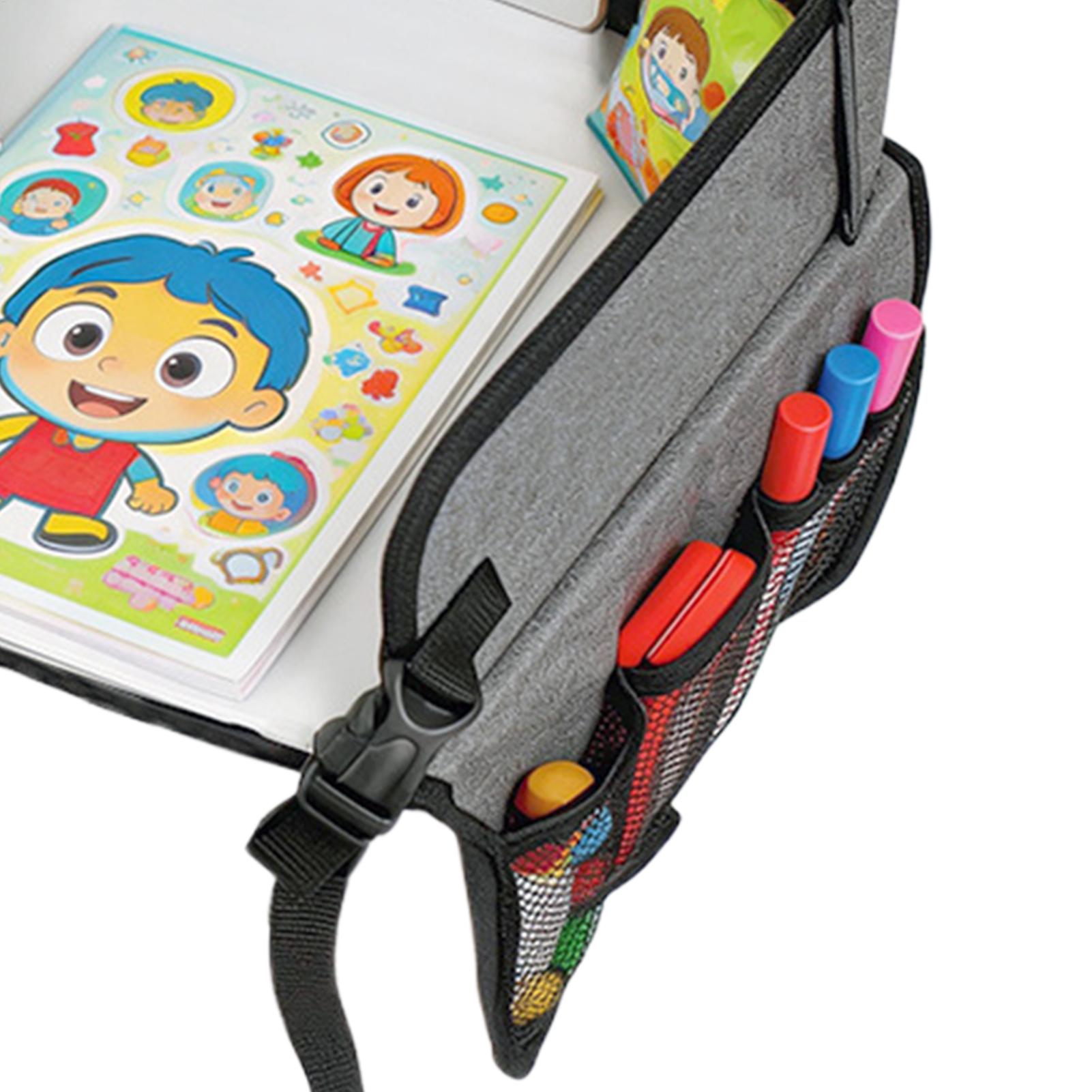Kids Outdoor Car - ถาดวางของสำหรับเด็กแบบพกพา พร้อมช่องเก็บของ สายรัดปรับได้ โต๊ะแบบพกพาสำหรับเด็ก ใช้ในรถยนต์ ไอเทมที่ต้องมีสำหรับการเดินทางบนท้องถนน