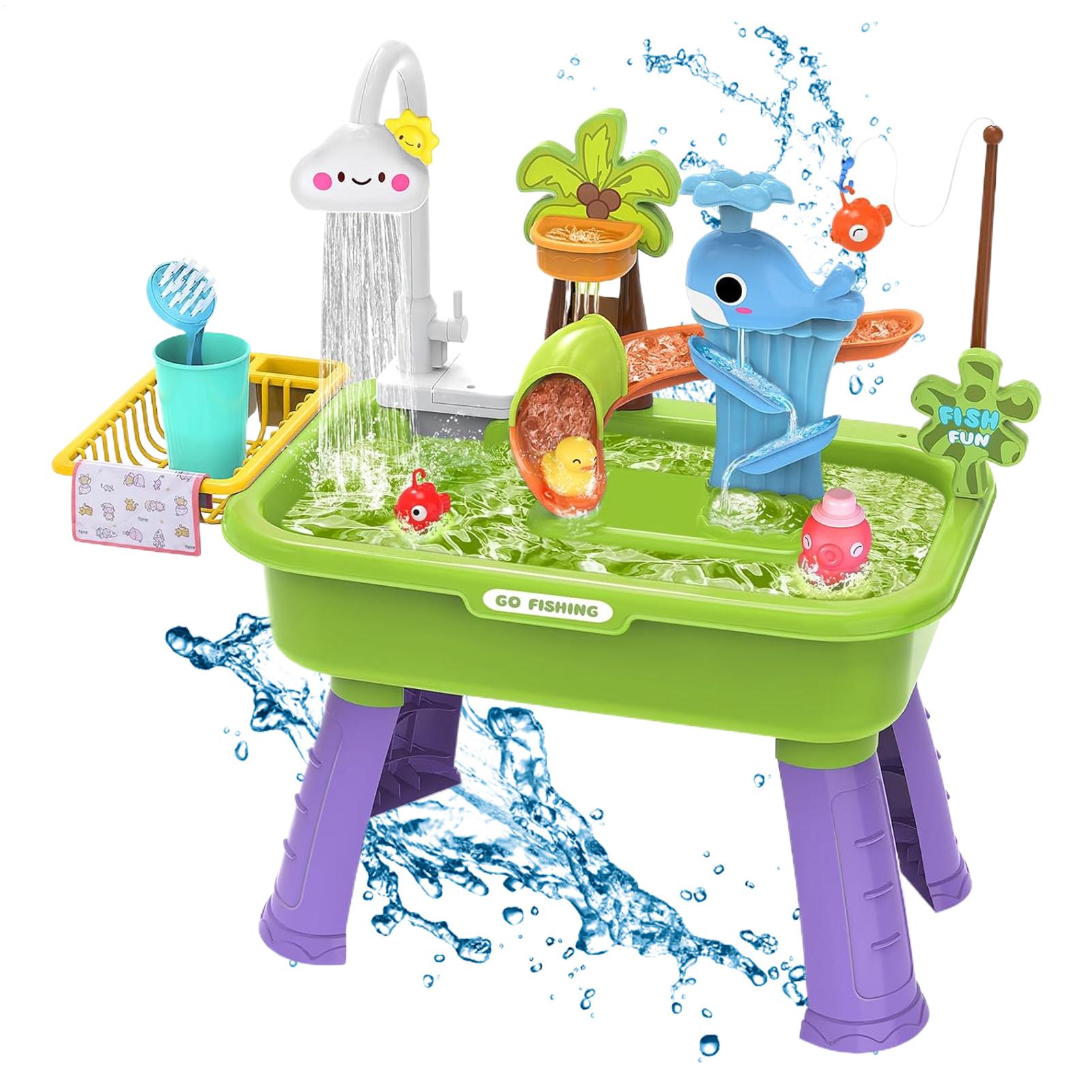 Kids Outdoor Sink - อ่างล้างจานไฟฟ้าสำหรับเด็กพร้อมน้ำไหล, ชุดของเล่นครัวจำลองใช้แบตเตอรี่, โต๊ะน้ำสำหรับเล่นกลางแจ้งในสวนหลังบ้านและพกพาเดินทาง