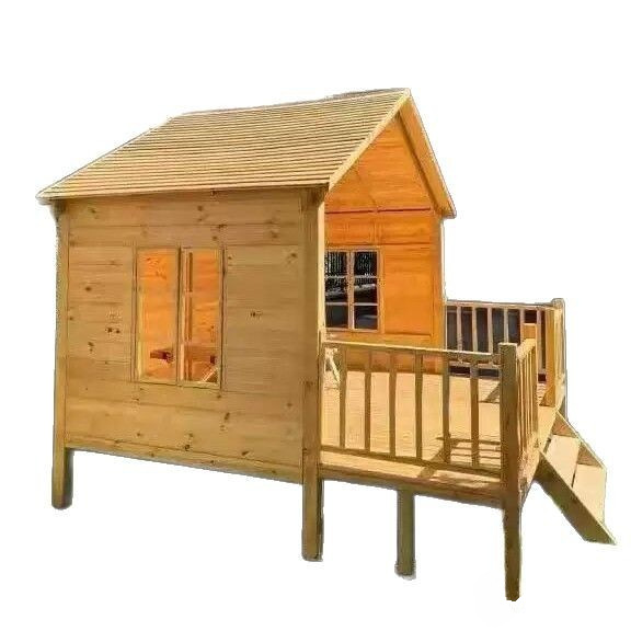 Kids Outdoor Wooden Playhouse - บ้านไม้สำเร็จรูปเคลื่อนย้ายได้สำหรับใช้เป็นโฮมสเตย์กลางแจ้ง ทำจากไม้กันผุ พร้อมศาลาในสวนและบ้านไม้สำหรับเด็กเล่น