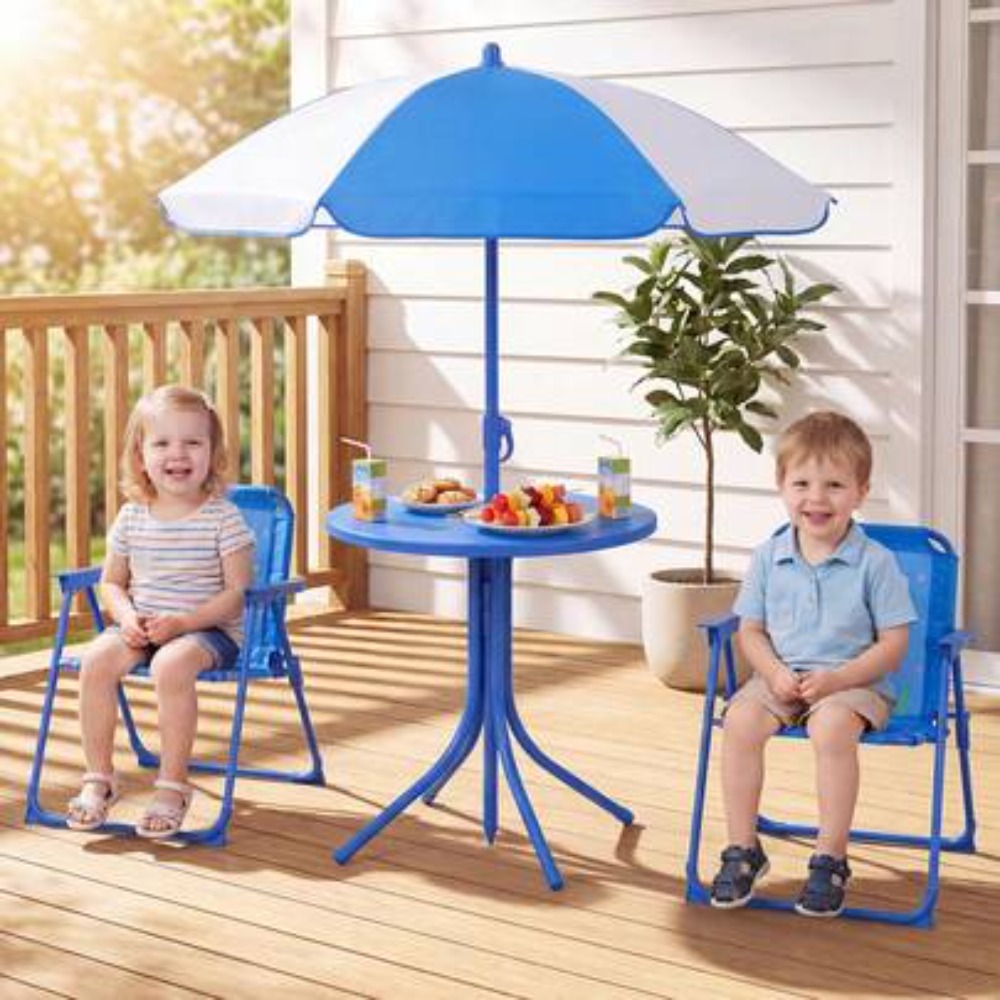Kids Outdoor Folding Chair - ชุดโต๊ะปิกนิกสำหรับเด็กพร้อมเก้าอี้พับ 2 ตัวและร่มกันแดดปรับระดับได้ สำหรับเด็กอายุ 3-8 ปี
