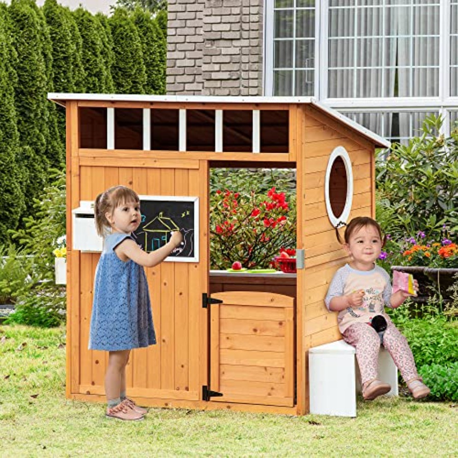 บ้านเด็กเล่นไม้กลางแจ้งพร้อมปร - Kids Outdoor Wooden Playhouse บทวิจารณ์และราคา