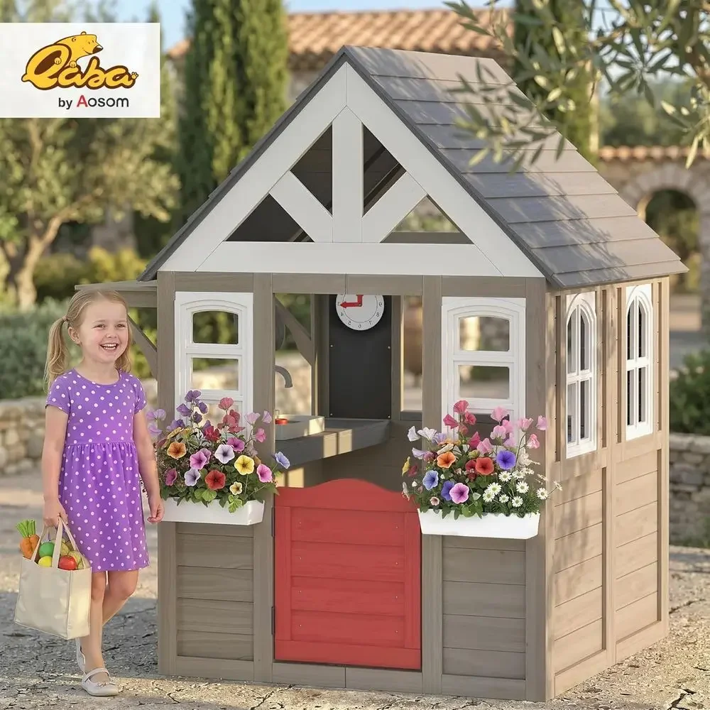 บ้านเด็กเล่นกลางแจ้ง Qaba, บ้า - Kids Outdoor Wooden Playhouse บทวิจารณ์และราคา
